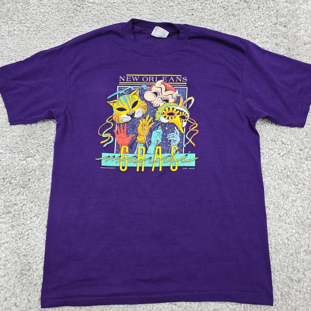 Vintage 1987 Mardi Gras Mens Graphic Shirt Size XL Purple New Orleans‎ Carnival